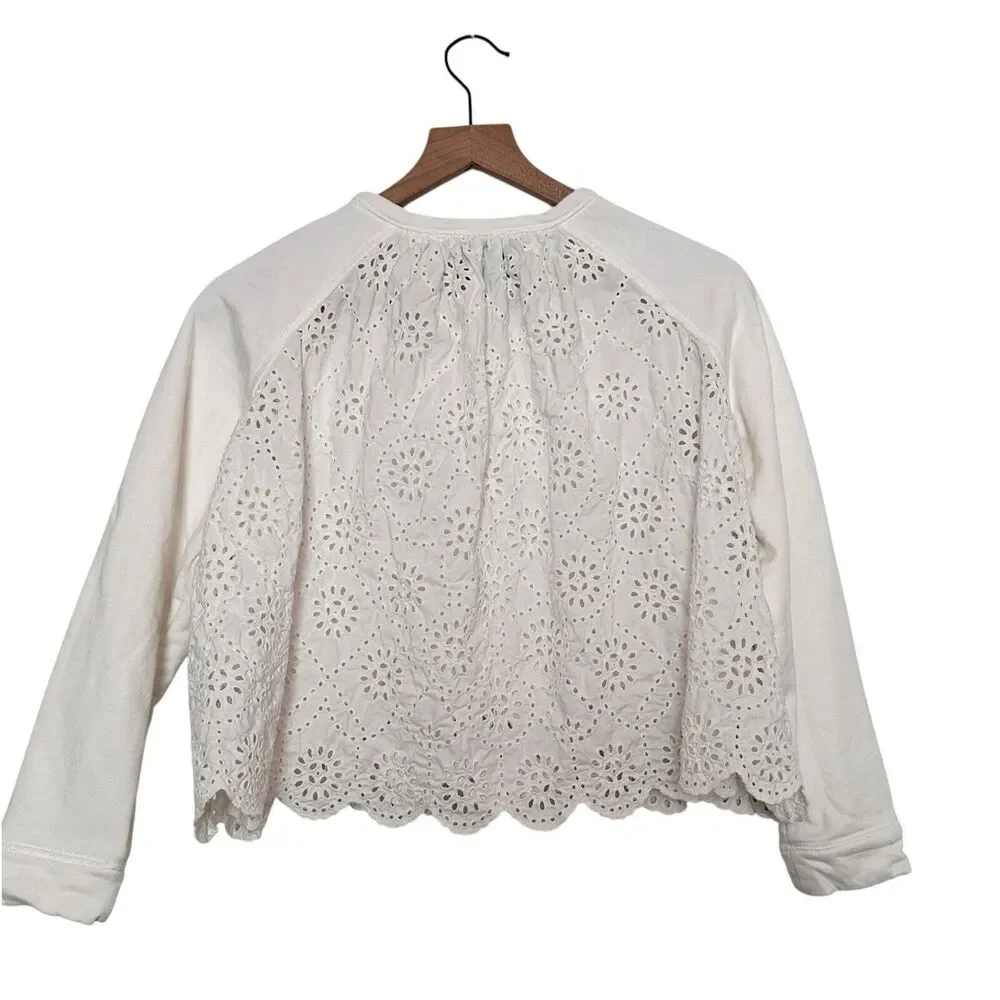 Sea New York XS Women's Crew Neck Eyelet Back Sweatshirt White Cotton